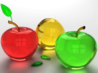 3 Glass Apples Red Yellow Green Background