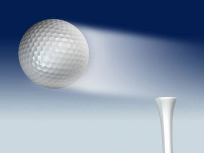 3D render of golf ball flying from tee