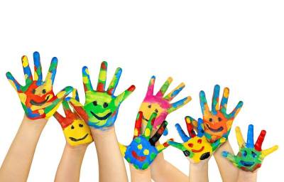 Many painted colorful childrens hands