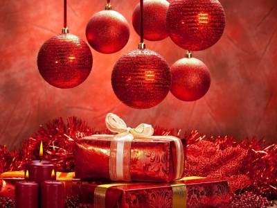New Year Christmas Decorations, Gifts, Candles Background Thumbnail