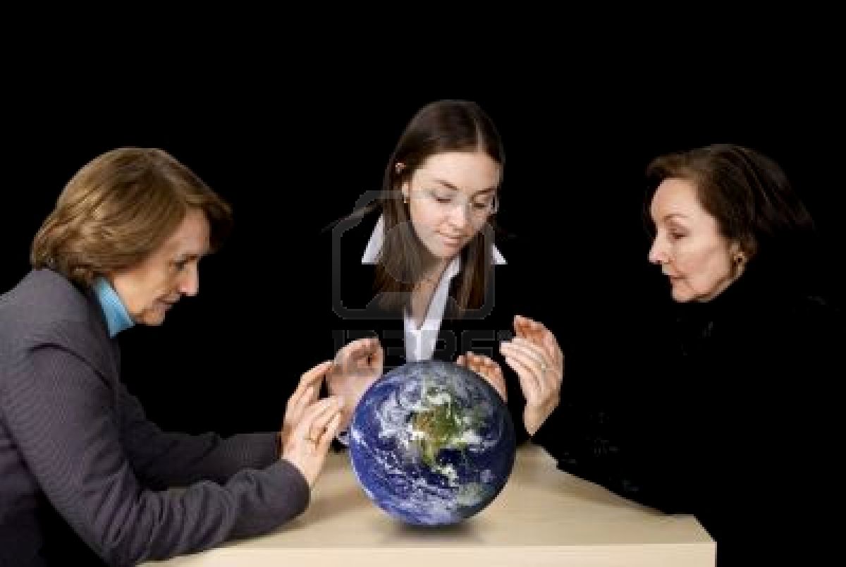 Business female management team with hands over earth globe free powerpoint background