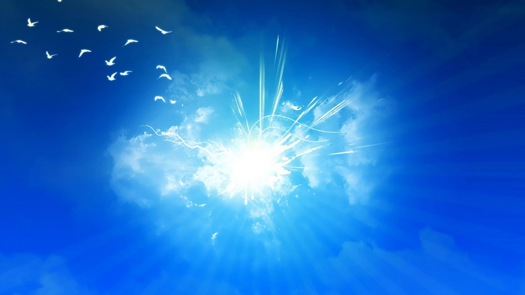 Clouds and white light in the middle and birds flying  free powerpoint background