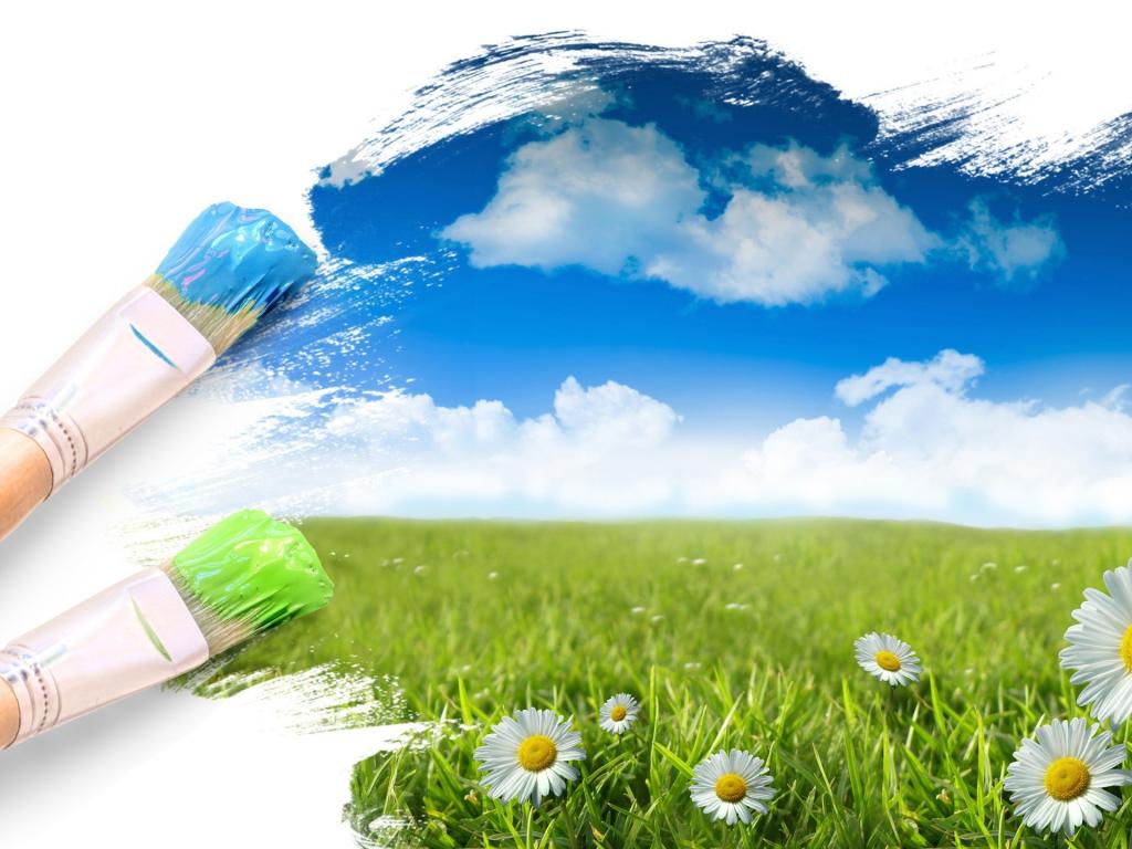 Painting life brushes blue green green blue and white daisy Background