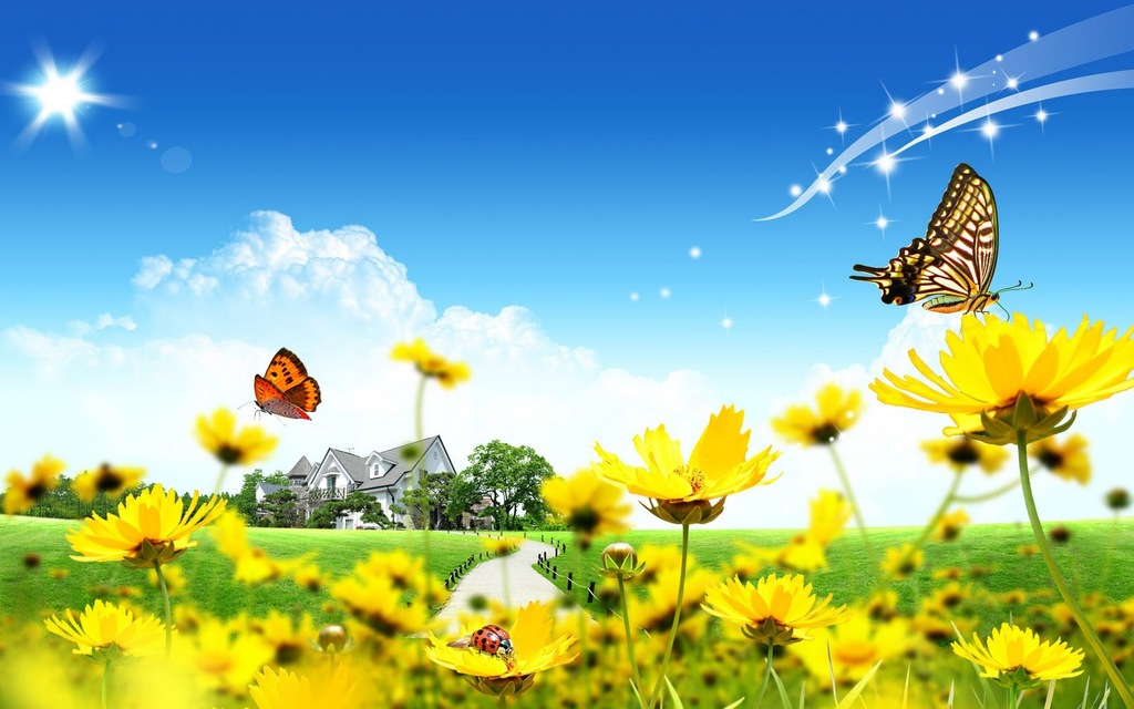 yellow flowers and butterflies, spring, house free powerpoint background